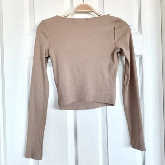 ZARA Beige Tan Ribbed Square Neck Long Sleeve Top - Picture 4 of 5